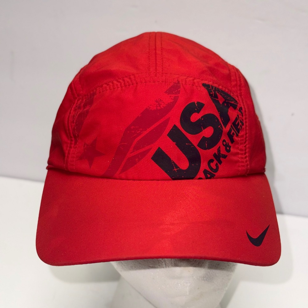 Nike AW84 5 Panel Hat Red USA Track & Field DriFit Swoosh Running Adjustable Cap